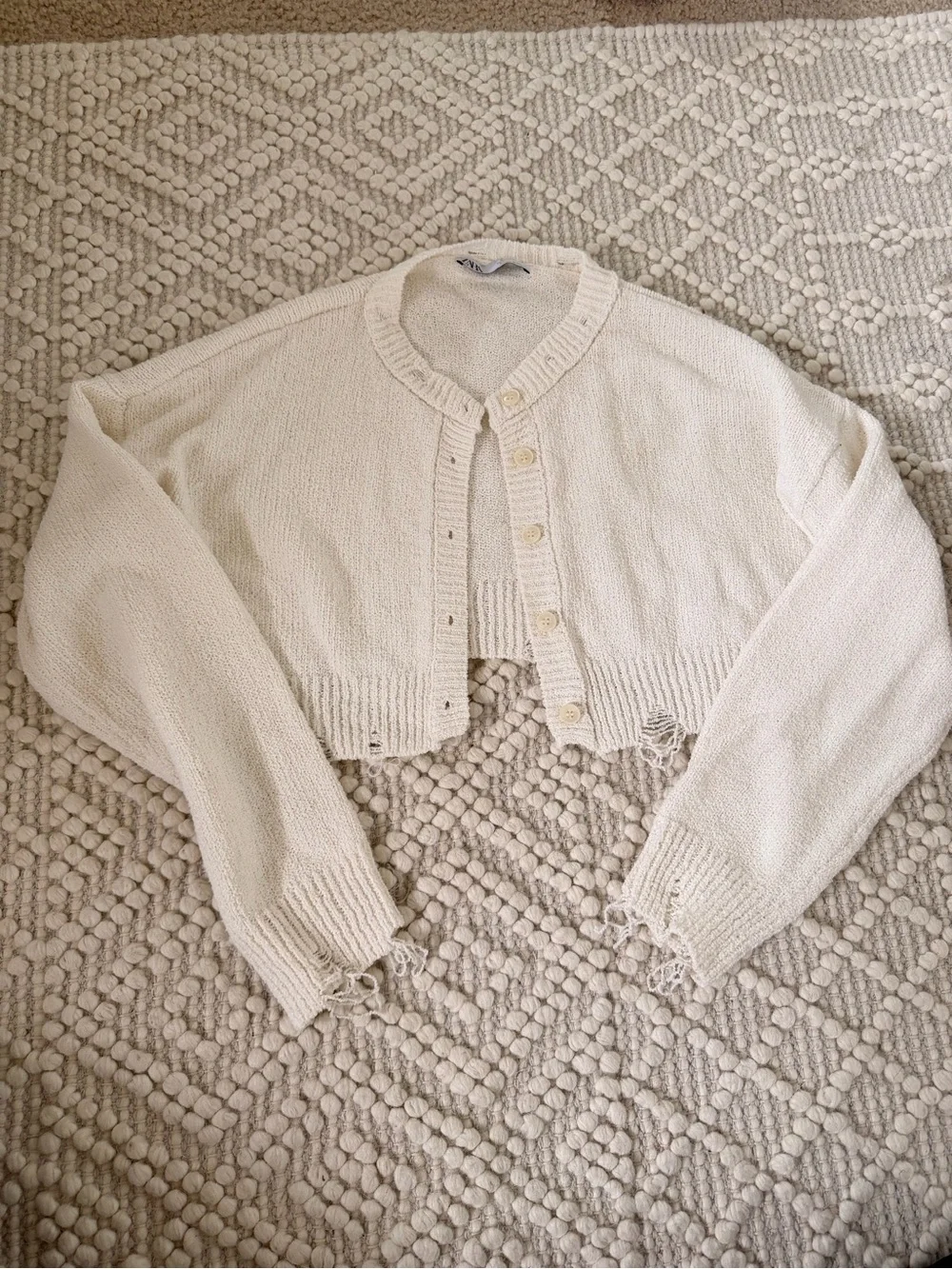 Zara Cream Distressed Cropped Button-Front Cardigan